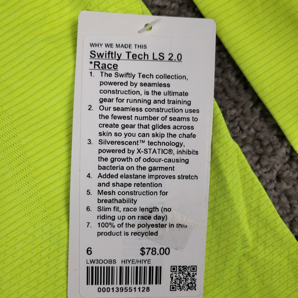 Lululemon Swiftly Tech LS 2.0 Race Women 6 Yellow NEW Flaw LW3DOBS HIYE - Picture 3 of 9